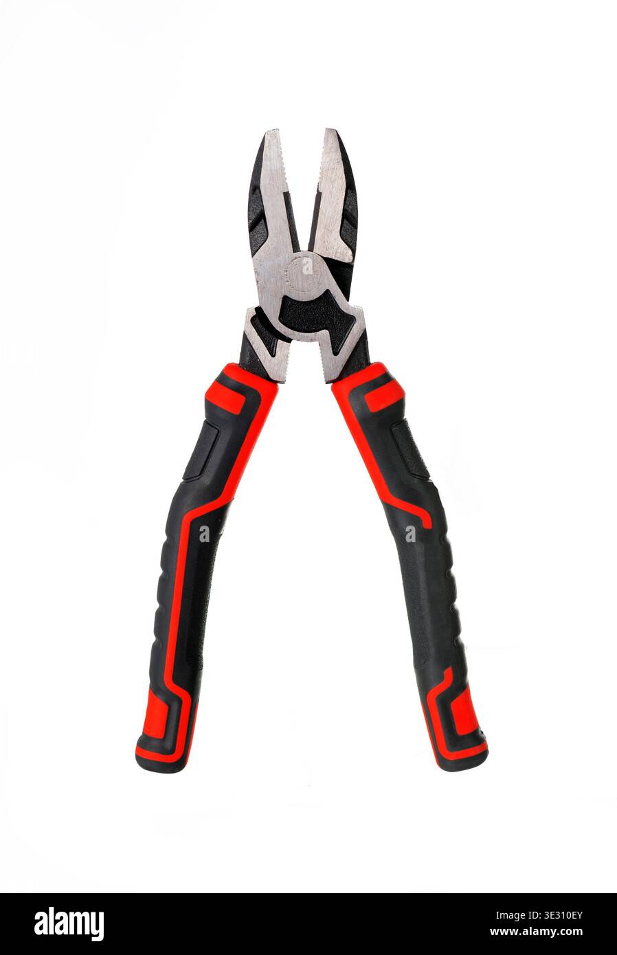 Professional combination pliers with red and black ergonomic handles isolated on white. Metal hand tool. Stock Photo