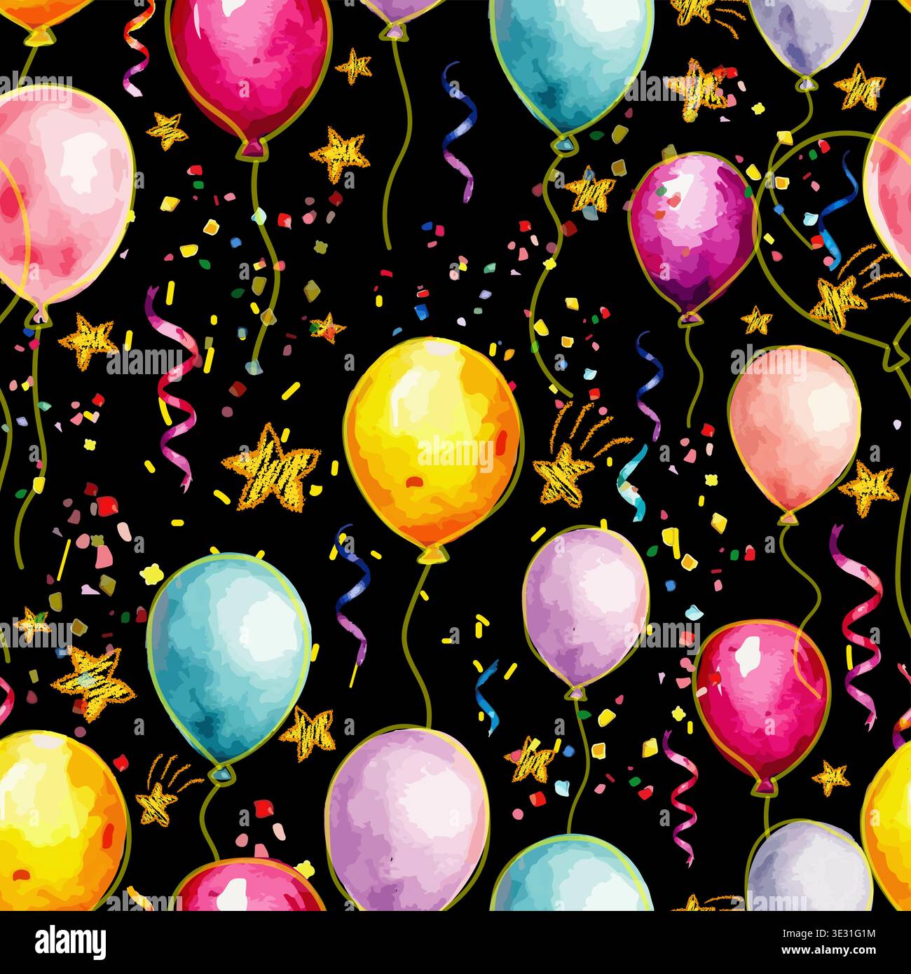 Seamless pattern with colorful watercolor balloons. Hand drawn. Not AI, vector illustration. Stock Vector