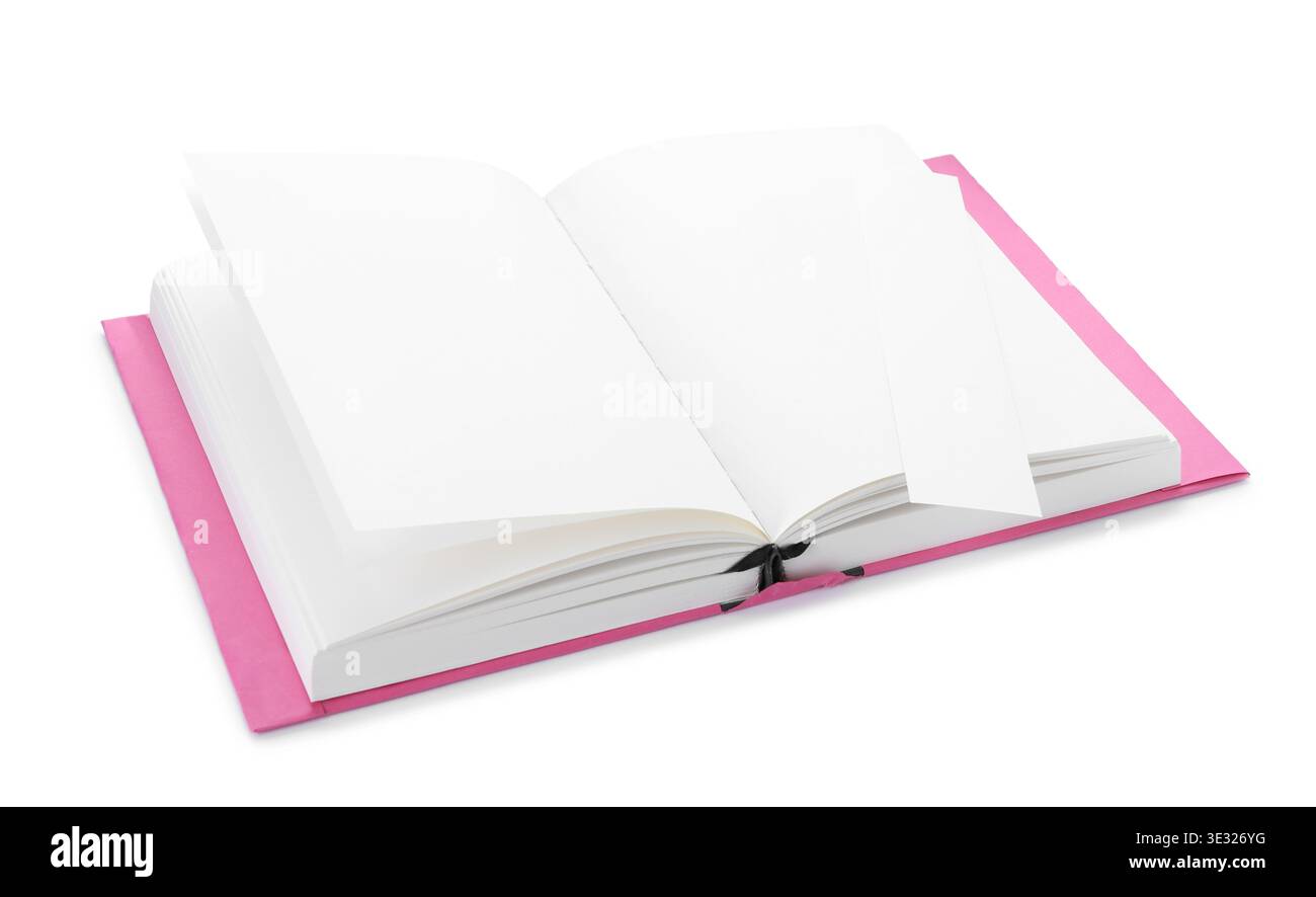 Open book with bookmark isolated on white Stock Photo