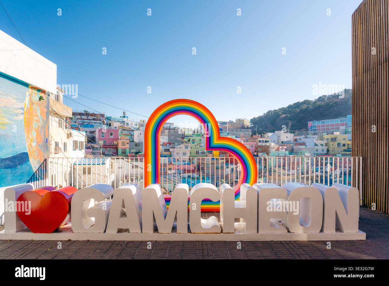 I love Gamcheon sign with rainbow heart in colorful village Stock Photo