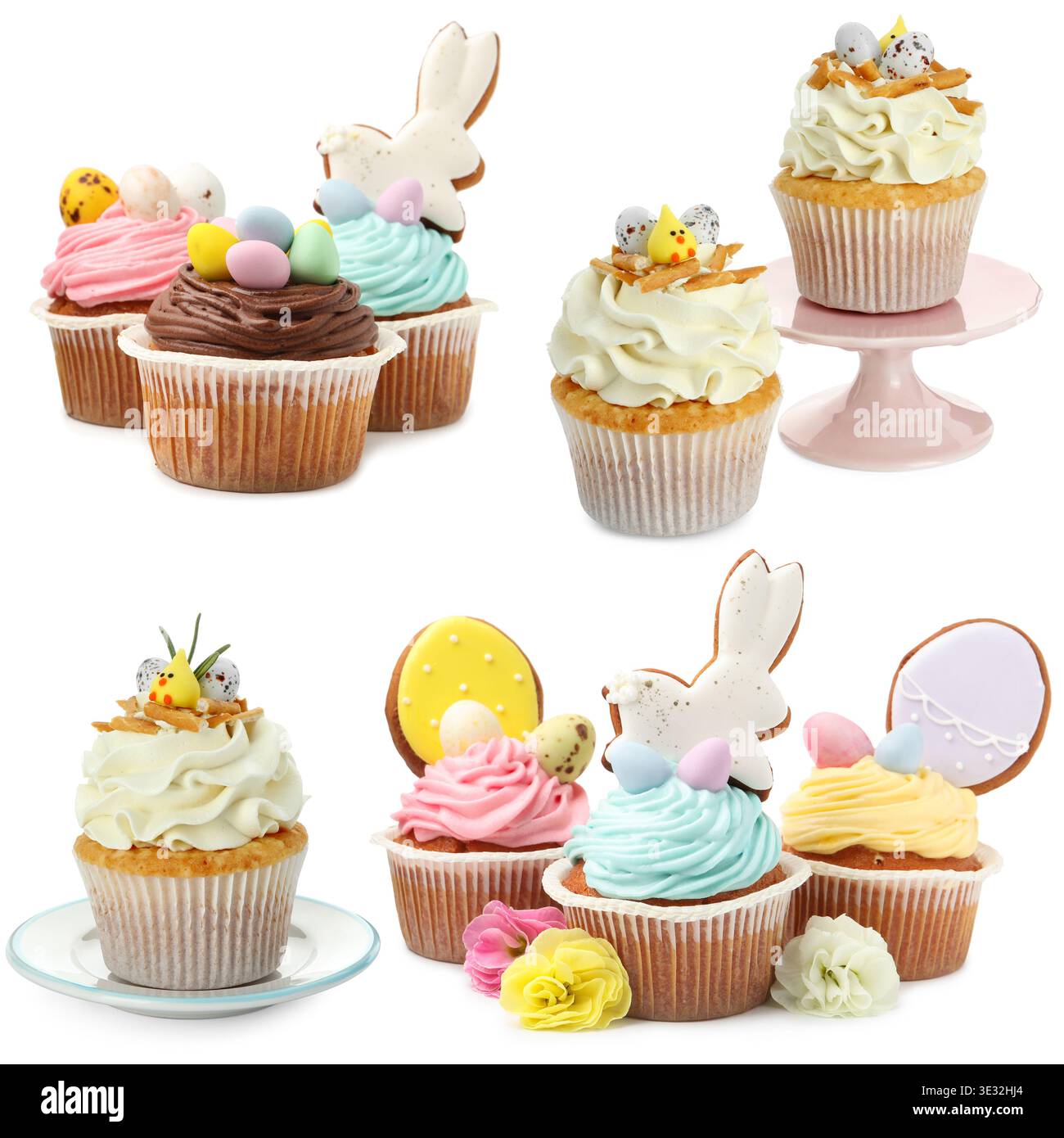 Easter cupcakes isolated on white, set. Holiday dessert Stock Photo