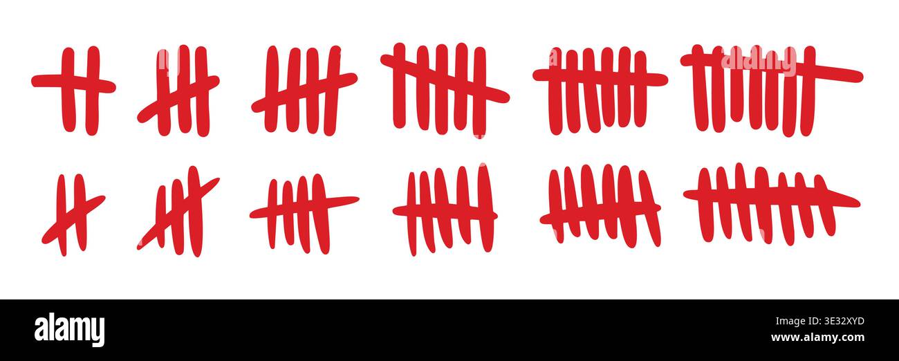 Prison wall tally marks, cross slashes. Counter slashes scored in red paint with striking linear design Stock Vector