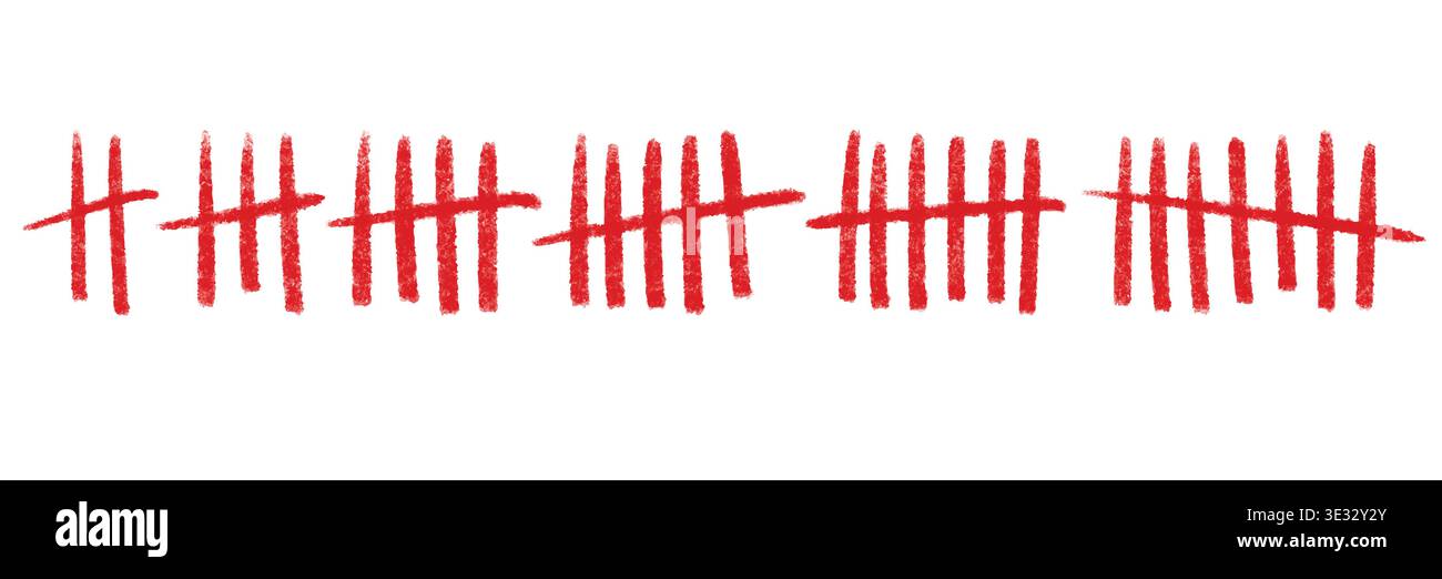 Tally marks with blood-red slash. Hand-drawn cross slashes form with grunge texture for count tracker Stock Vector