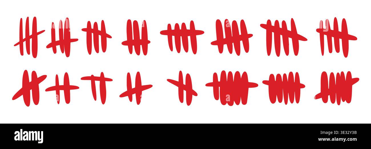 Blood-red slash tally marks. Prison counting system. Striking wall tracker with linear hash design Stock Vector