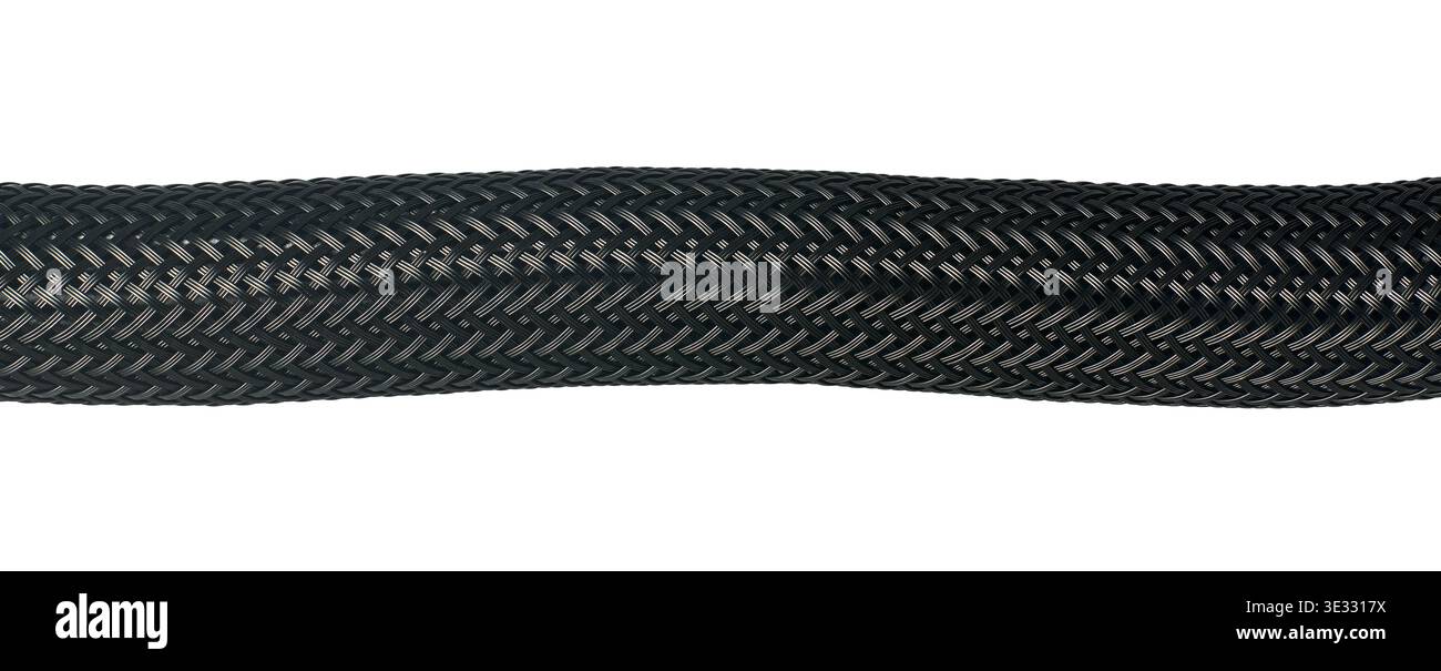 black braided nylon cable sleeve isolated white background, interlocking mesh pattern synthetic protective material, close up macro view Stock Photo