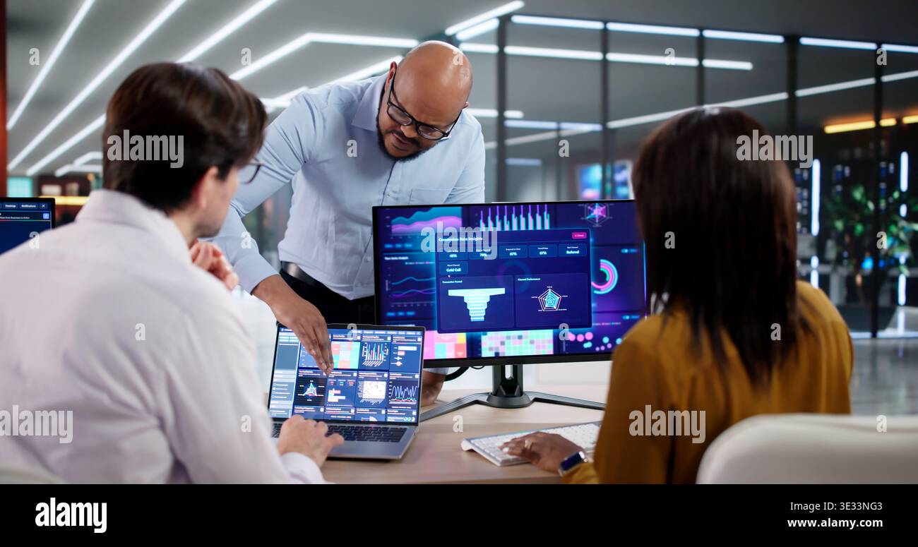 Diverse Team Of Analysts Collaborates Using Data Analytics And Technology In A Virtual Meeting Stock Photo
