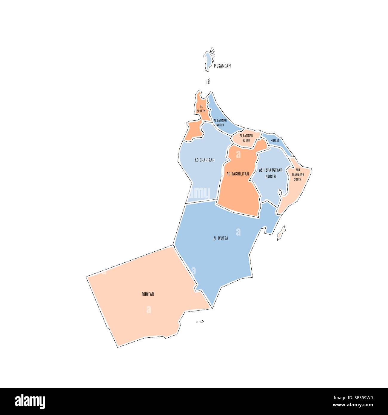 Oman political map of administrative divisions - governorates. Colorful handdrawn doodle style map with black outline borders and name labels. Stock Vector