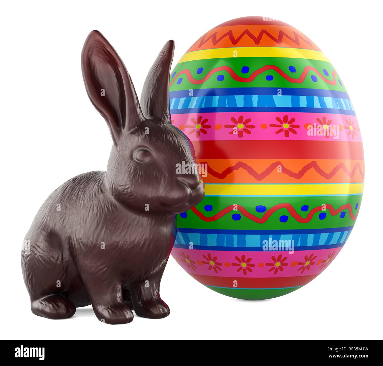 Chocolate Easter bunny with colorful decorated Easter egg, 3d rendering isolated on white background Stock Photo