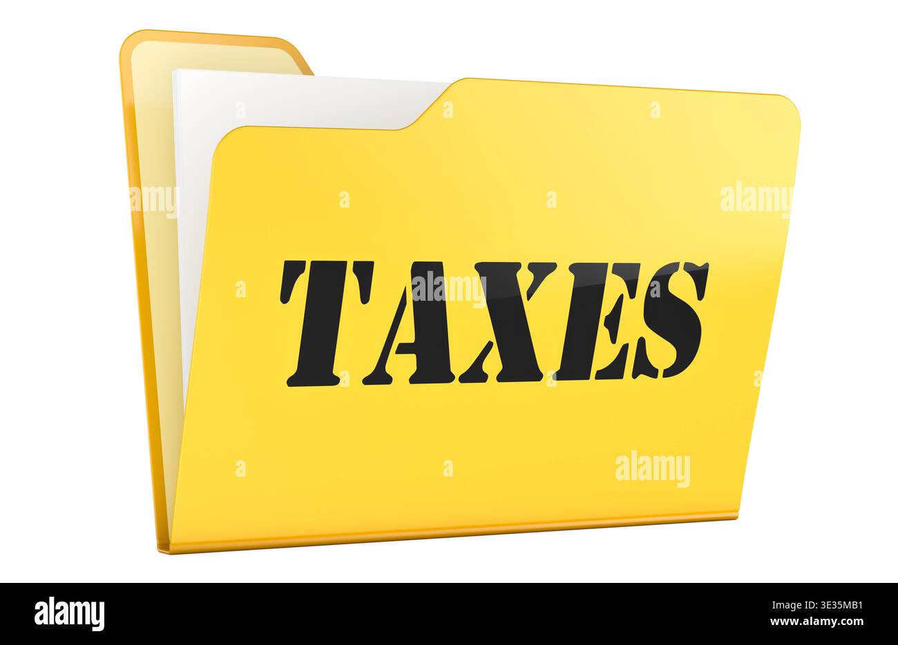 Taxes, yellow folder. 3D rendering isolated on white background Stock Photo