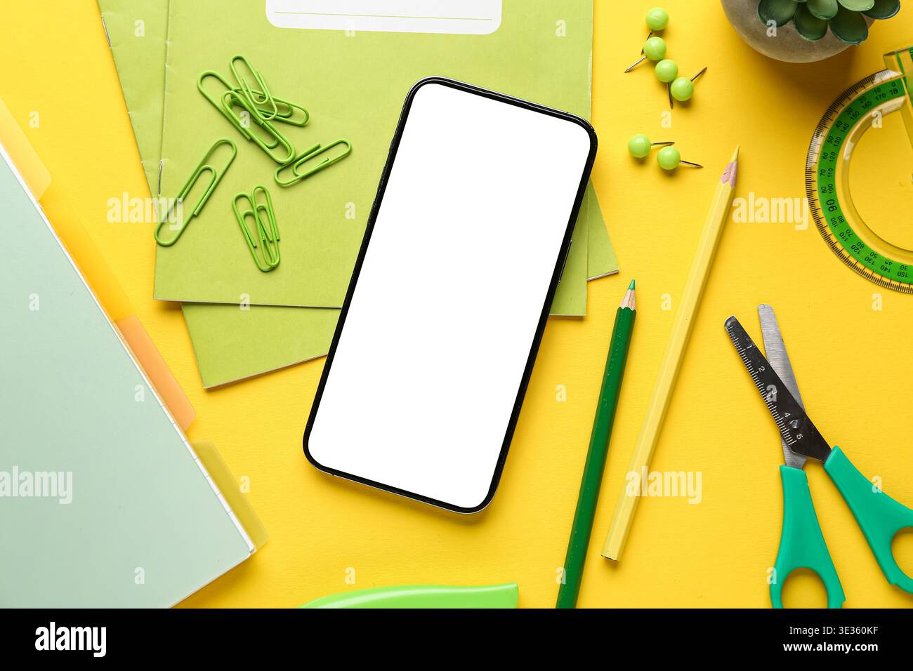 Set of school stationery with mobile phone and houseplant on yellow background Stock Photo