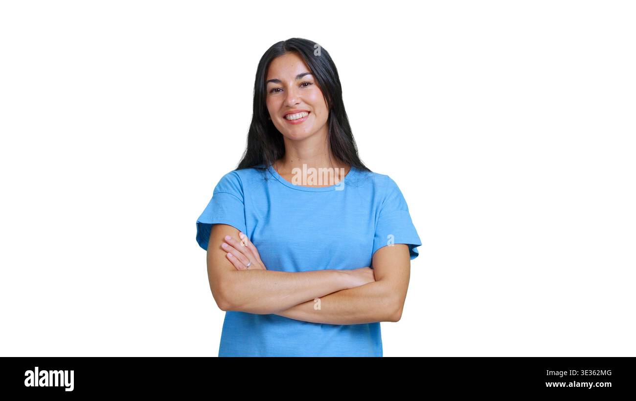 Standing woman in blue shirt hi-res stock photography and images - Alamy