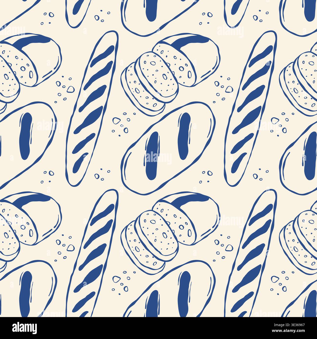 Hand drawn bread pattern with baguettes and round loaves Stock Vector