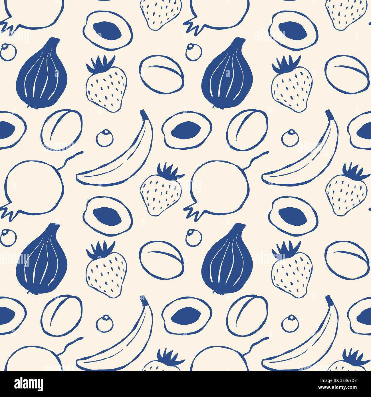 Fruit pattern in blue line art on light beige Stock Vector