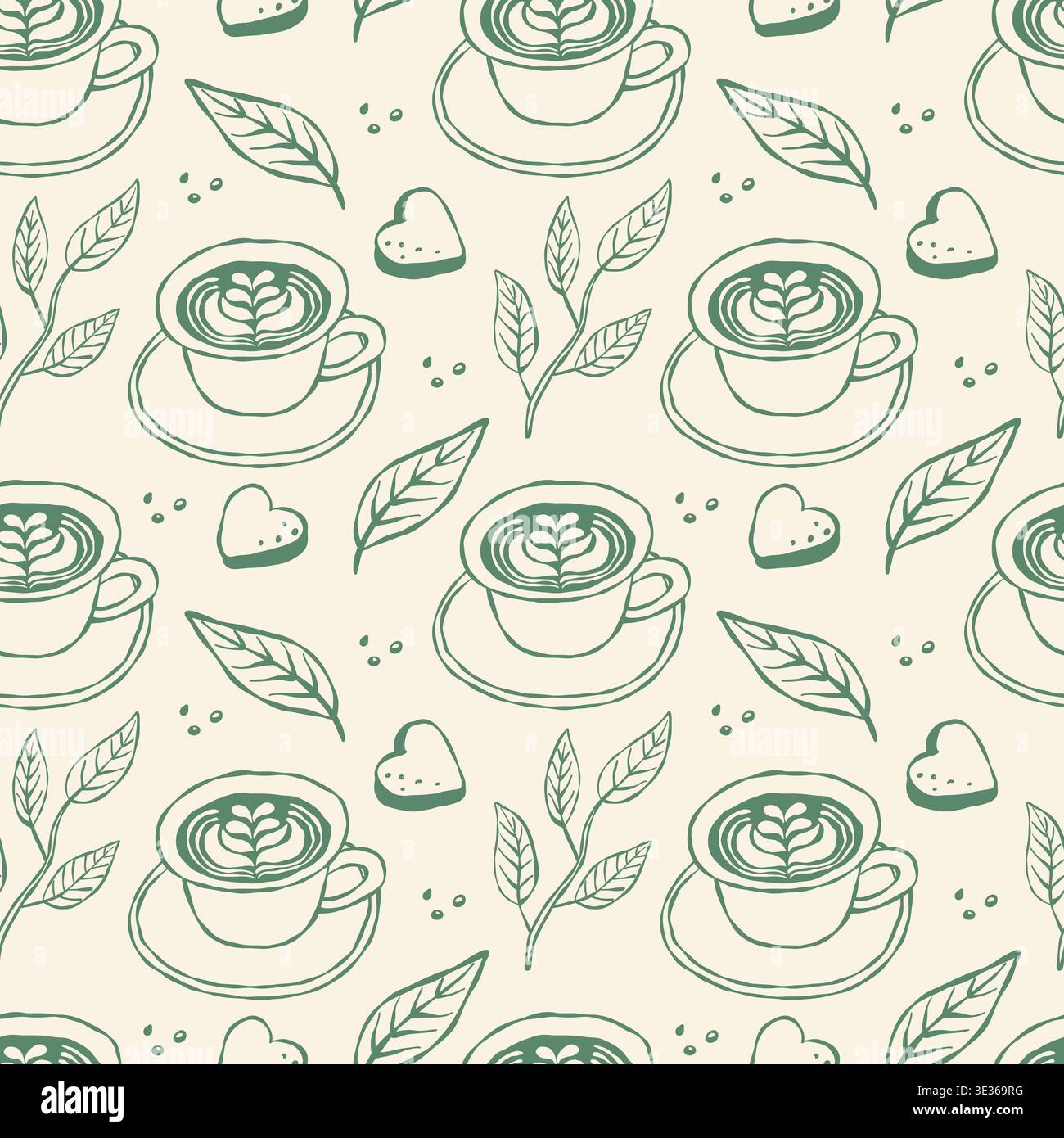 Hand drawn matcha tea, leaves, and hearts in repeating pattern Stock Vector