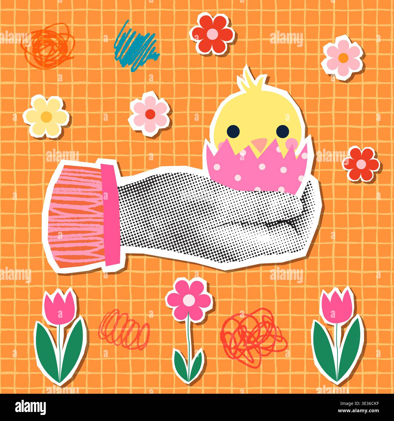 Vector collage poster with cute Easter chicken, fun spring background with flowers Stock Vector