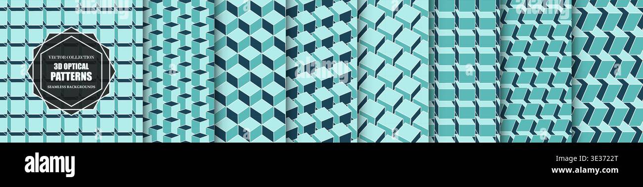 Collection of seamless geometric 3d abstract patterns. Blue color isometric repeatable vector backgrounds. Decorative blocks and cubes endless Stock Vector