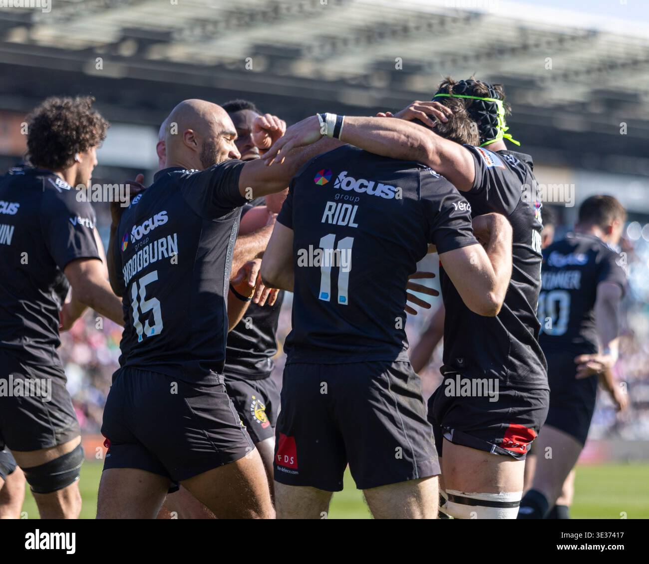 Exeter Chiefs Campbell Ridl Celebrates with team mates Exeter Chiefs v ...