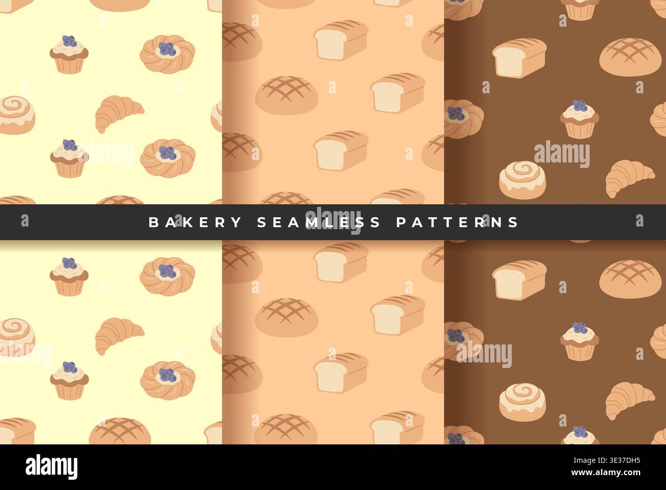 Bakery seamless patterns collection with bread and pastry 3 designs set vector illustration. Stock Vector