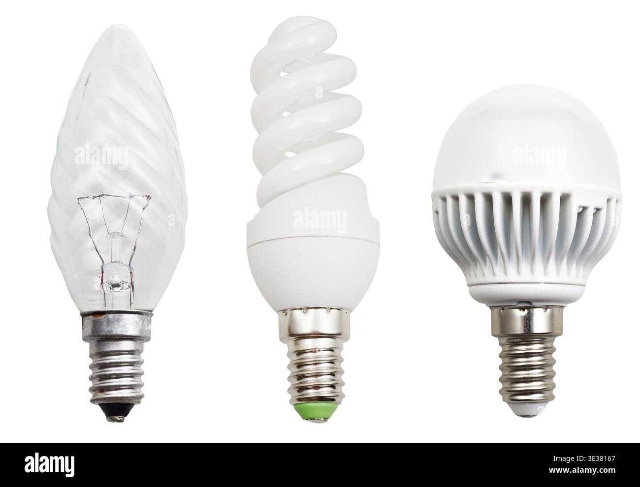 Set of incandescent, compact fluorescent, LED light bulbs isolated on white background Stock Photo