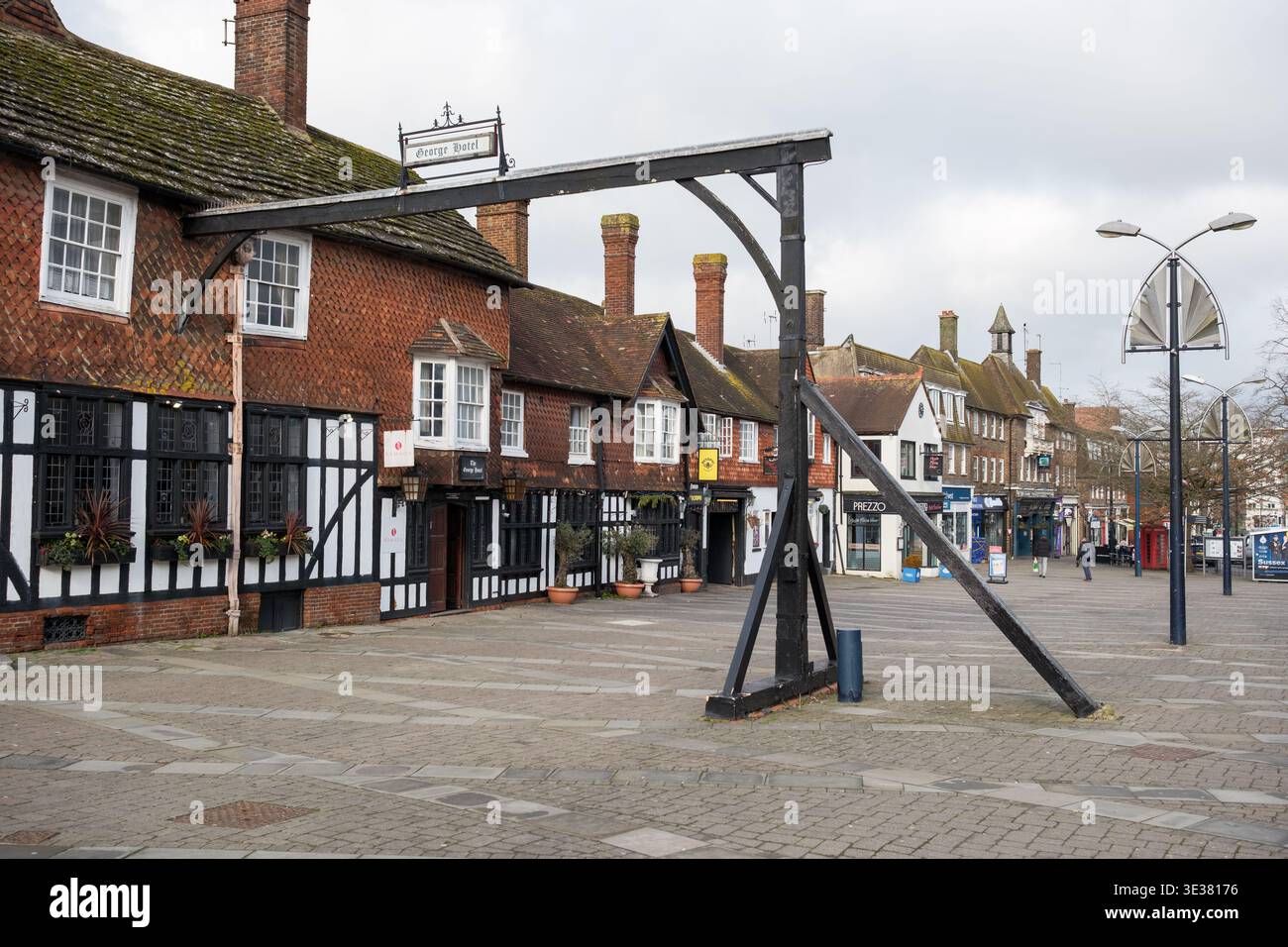 The High street Crawley the location of the George Hotel and the land mark Gallows according to tales a very haunted area. Stock Photo