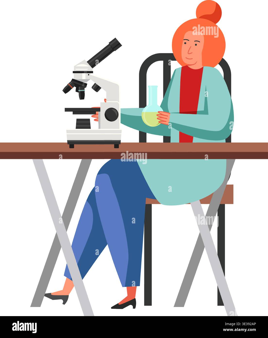 Woman scientist or lab attendant working in science laboratory using microscope and lab flask, vector flat isolated illustration. Scientific research, Stock Vector