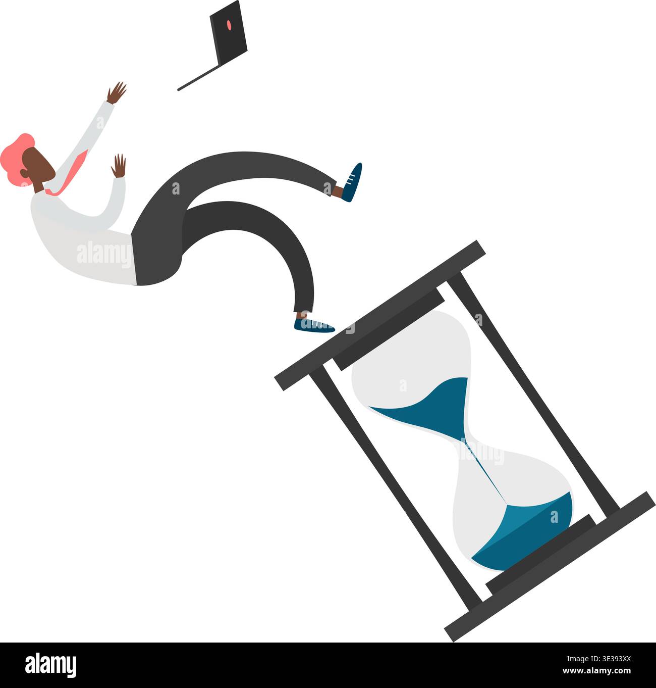 Hard work metaphor with man falling from hourglass with laptop vector ...