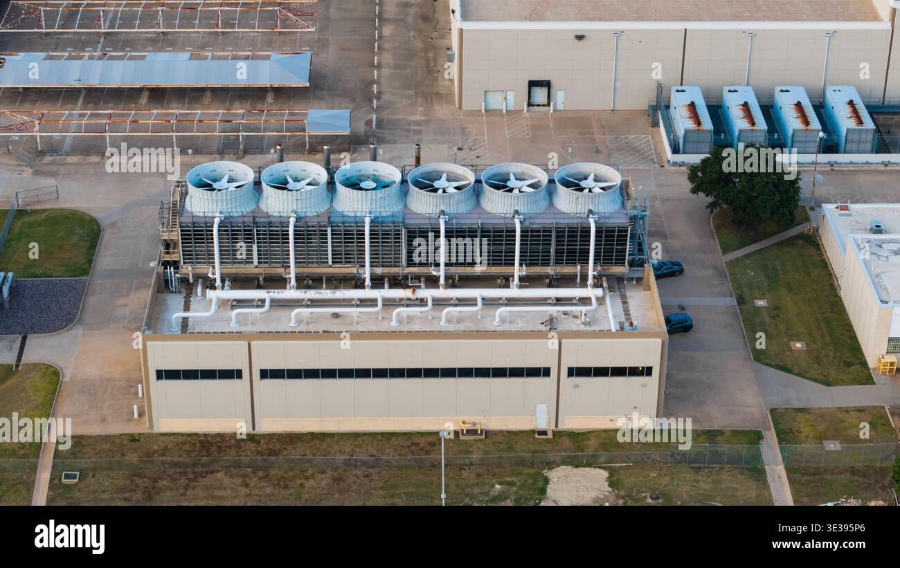 Data Center Rooftop Industrial Data center facility with multiple cooling towers and HVAC ...