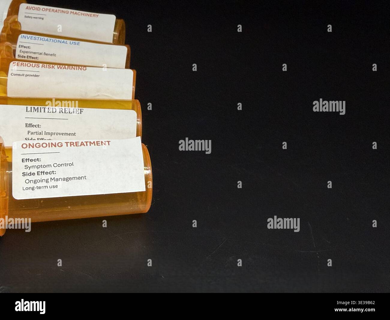 Prescription medication bottles with warning labels and copy space ...