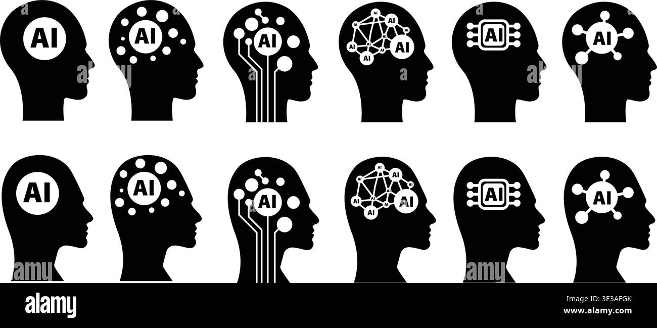 Human head ai brain vector illustration solid black artificial intelligence neural network mind icon for technology futuristic concept Stock Vector