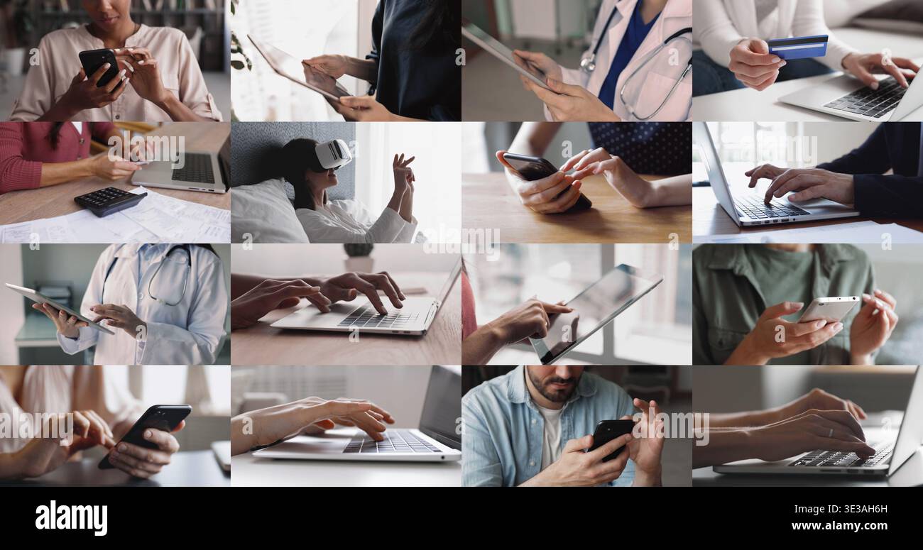 People of different occupations using digital gadgets for work tasks Stock Photo