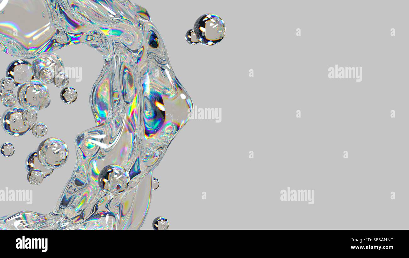3D liquid splash with iridescent glass bubbles. Stock Photo