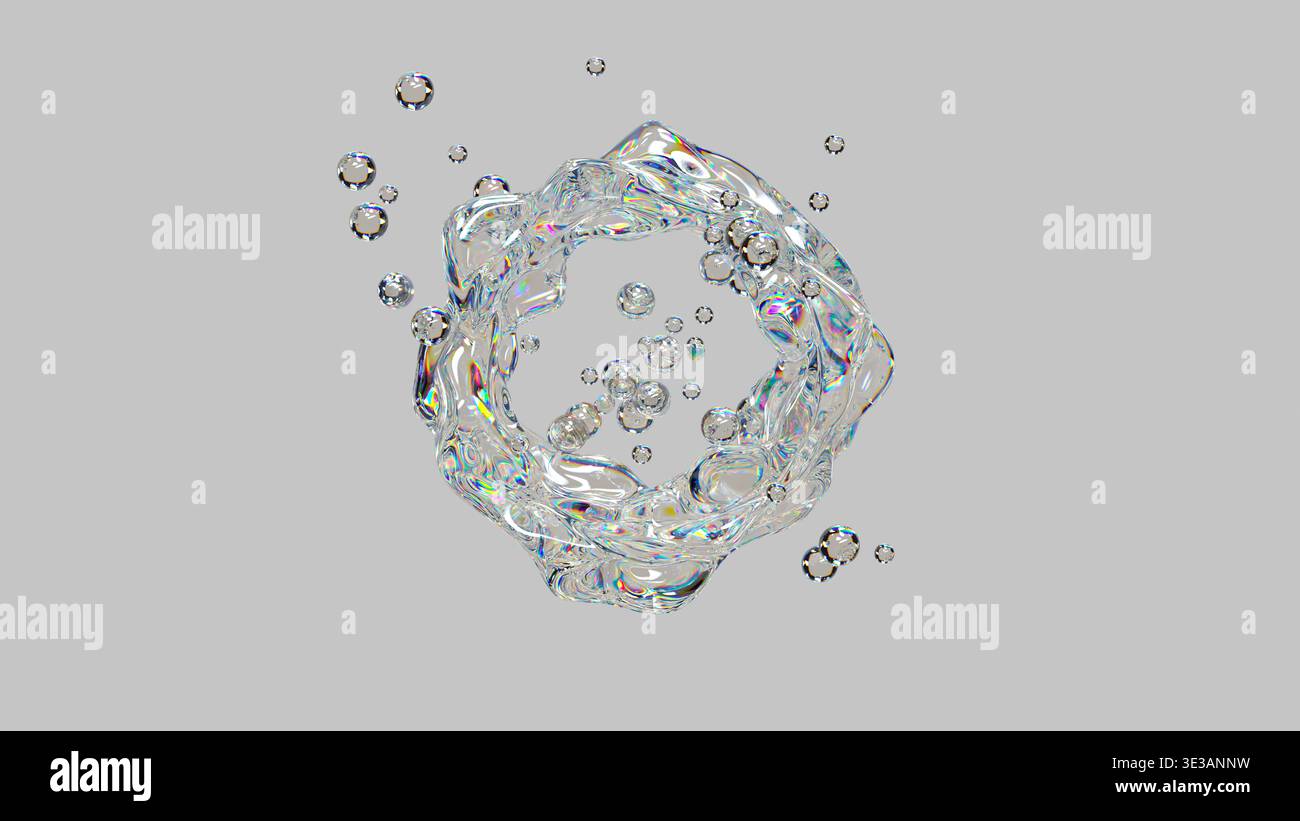 3D liquid splash with iridescent glass bubbles. Stock Photo