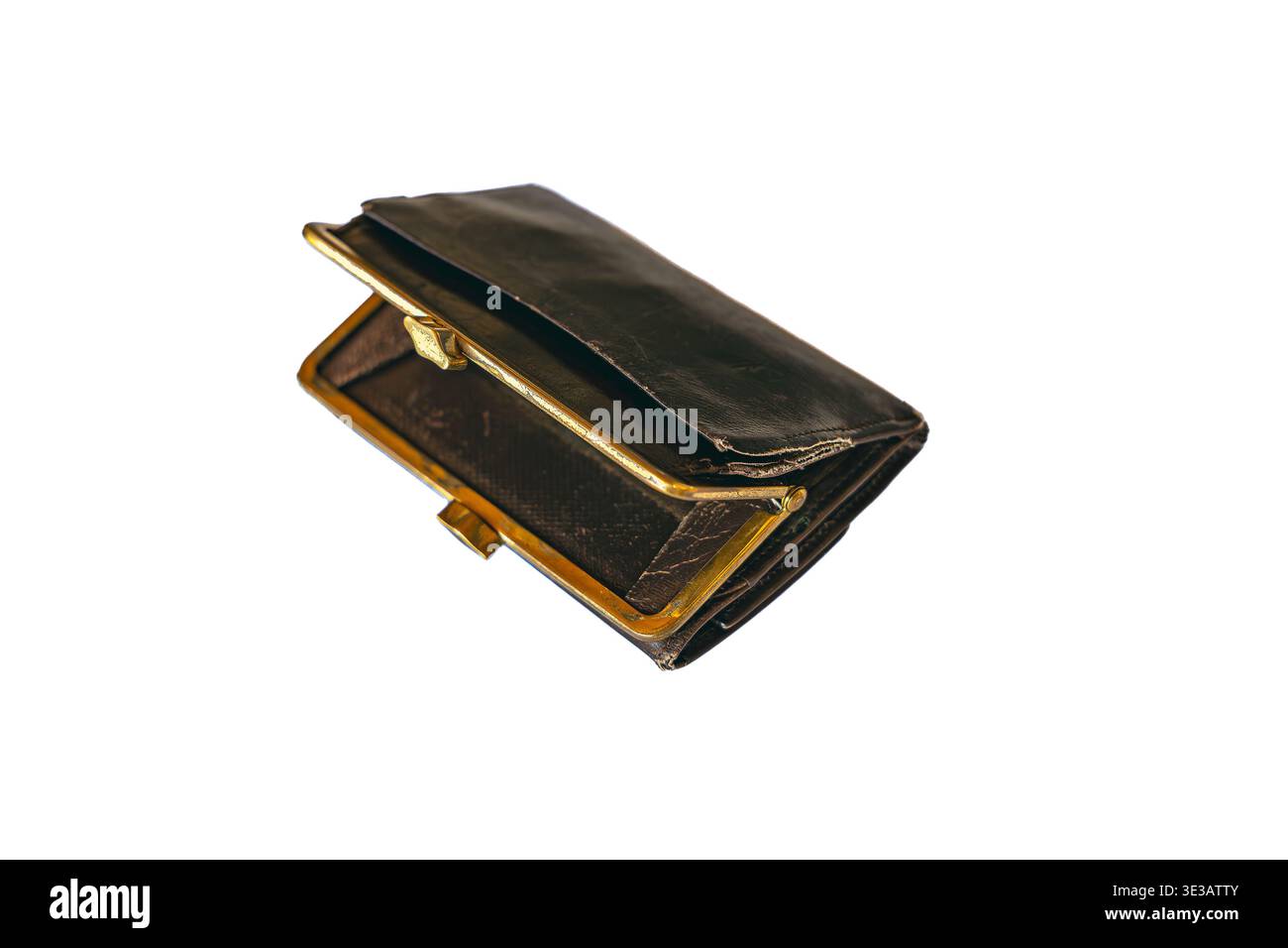Old wornout leather purse without money inside, isolated over white background Stock Photo