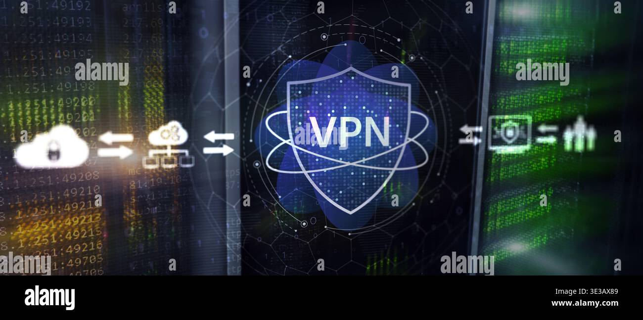VPN Cybersecurity Network Protection Concept with Digital Shield Interface and Server Infrastructure Background. Stock Photo