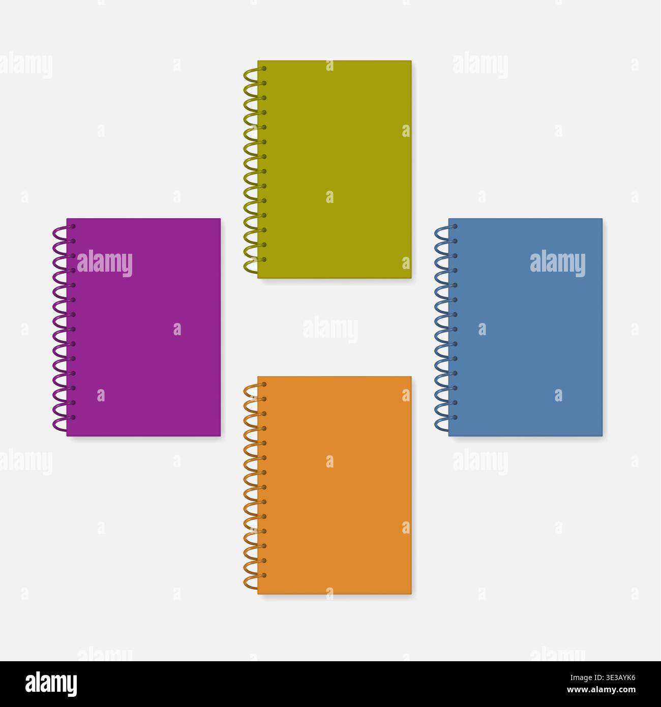 Closed spiral A4 notebook, realistic vector mock-up set. Wire bound colored cover notepad, mockup Stock Vector