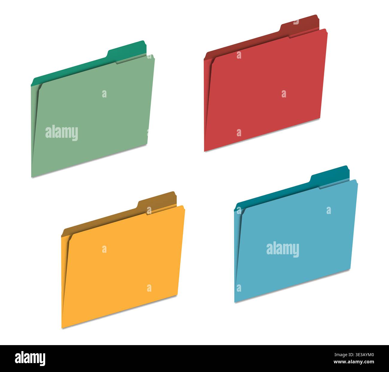 Multicolored blank tabbed file folders, vector template. Colored folder with tab, mock-up set Stock Vector