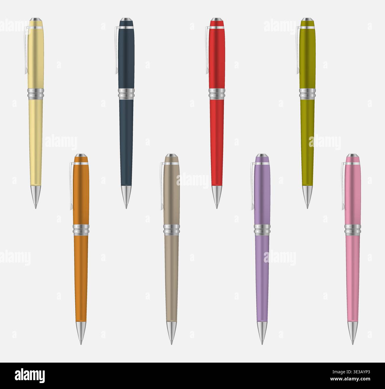 Colored metal pen isolated on gray background, vector mockup set Stock Vector