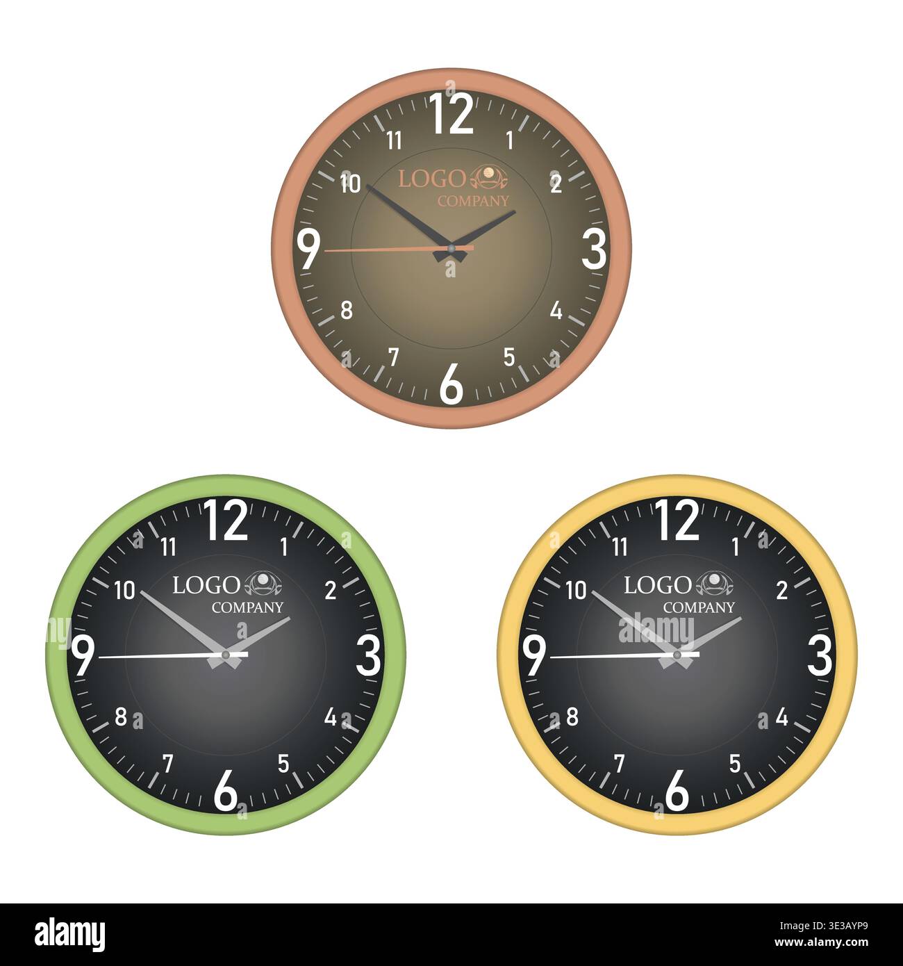 Wall clock isolated on white background. Colored mockup set. Vector template for design Stock Vector