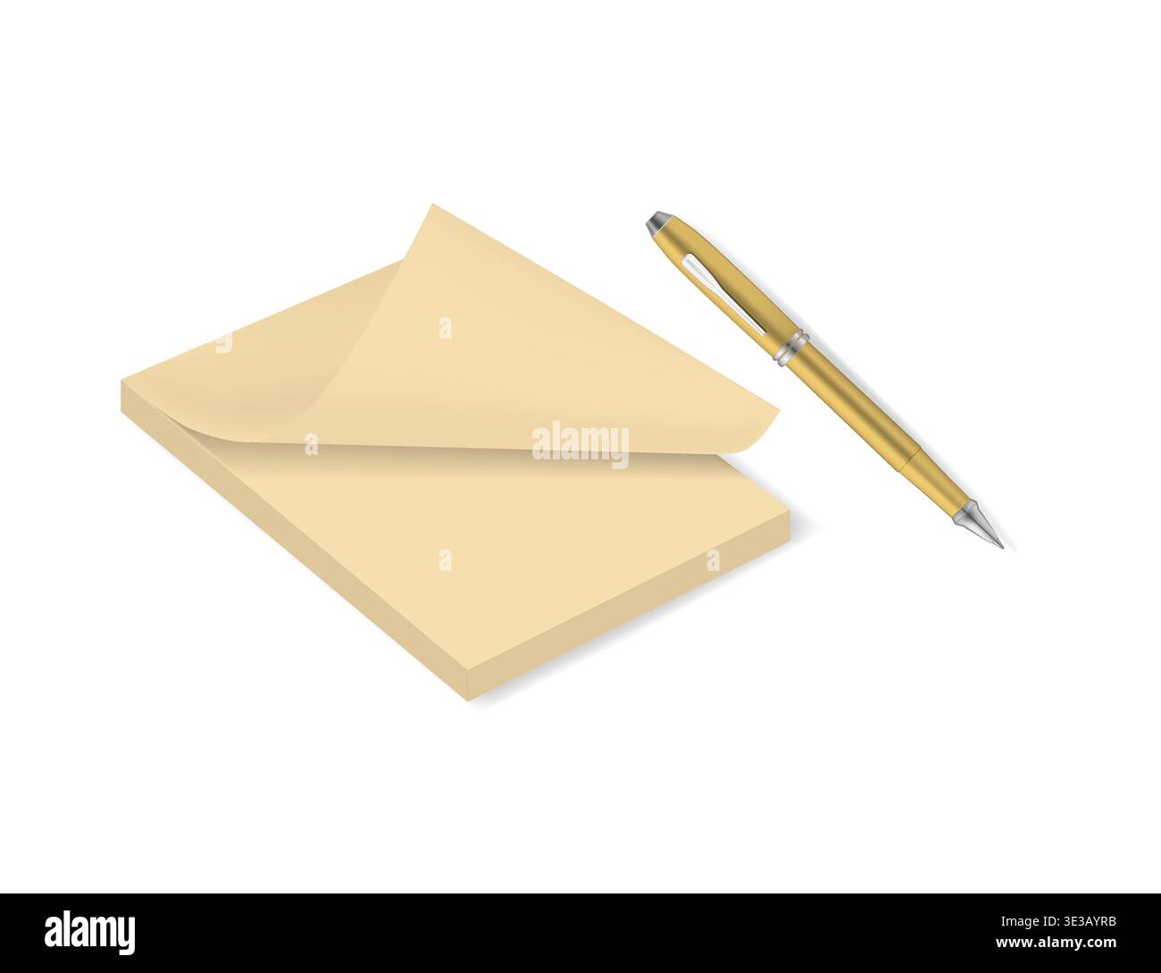 Yellow notepad with page curl and ballpoint pen, vector mockup Stock Vector