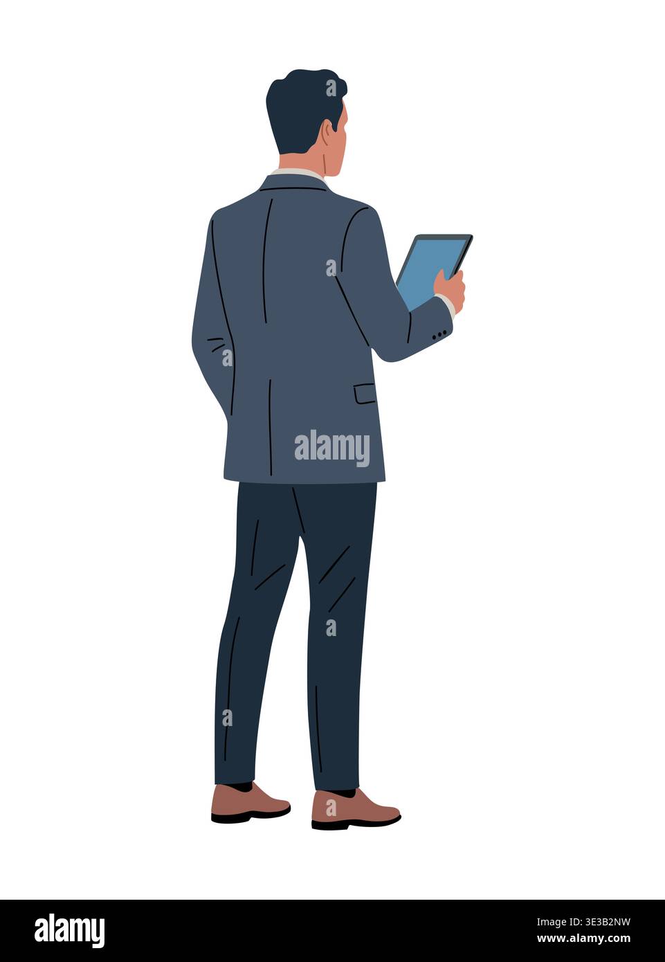 Man in suit stands back view holding tablet. Stock Vector