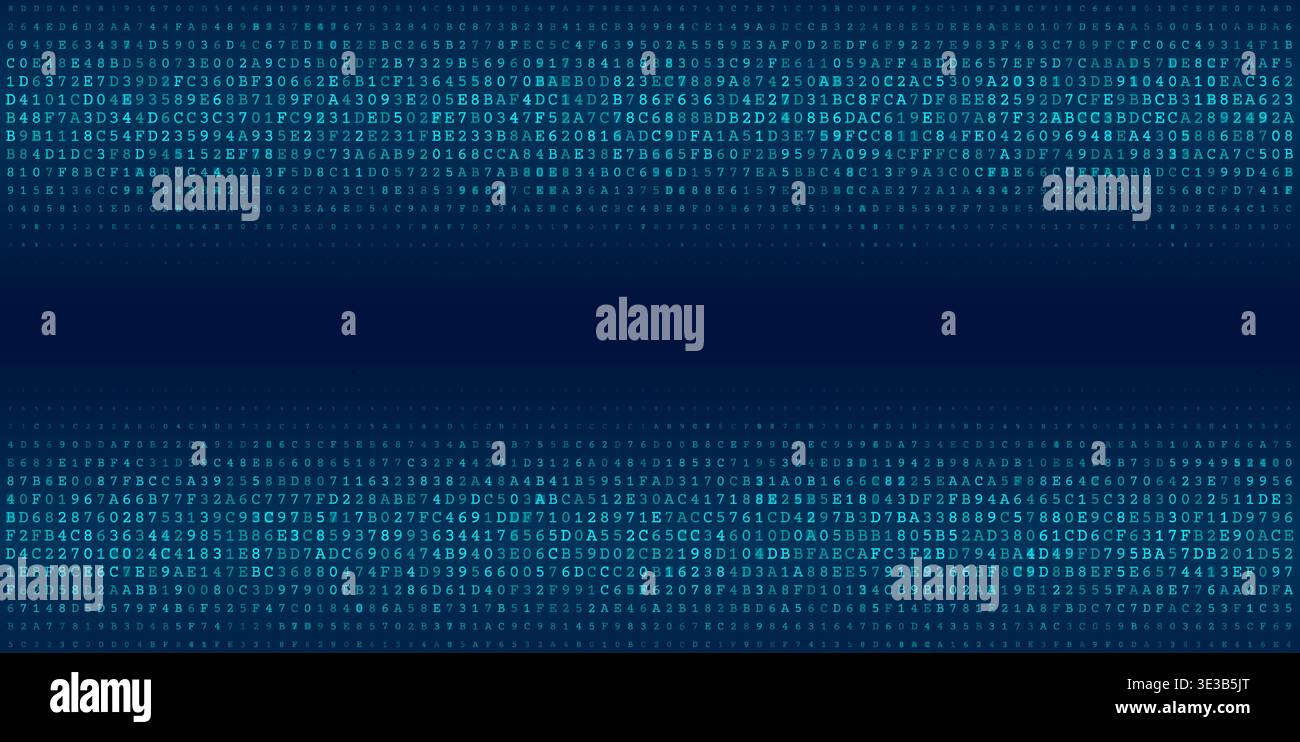 A sophisticated digital visualization featuring two distinct horizontal bands of dense binary code separated by a central void. This composition illus Stock Vector