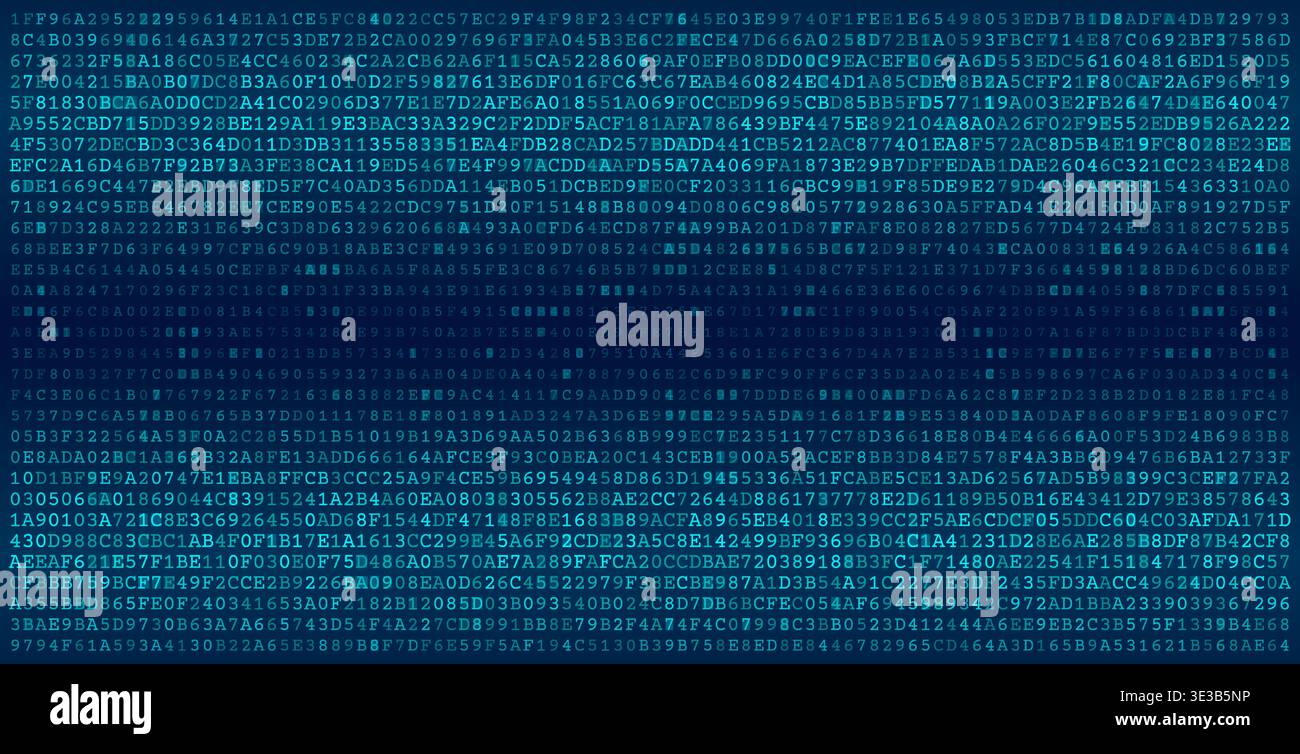 A sophisticated digital visualization featuring two distinct horizontal bands of dense binary code separated by a central void. This composition illus Stock Vector