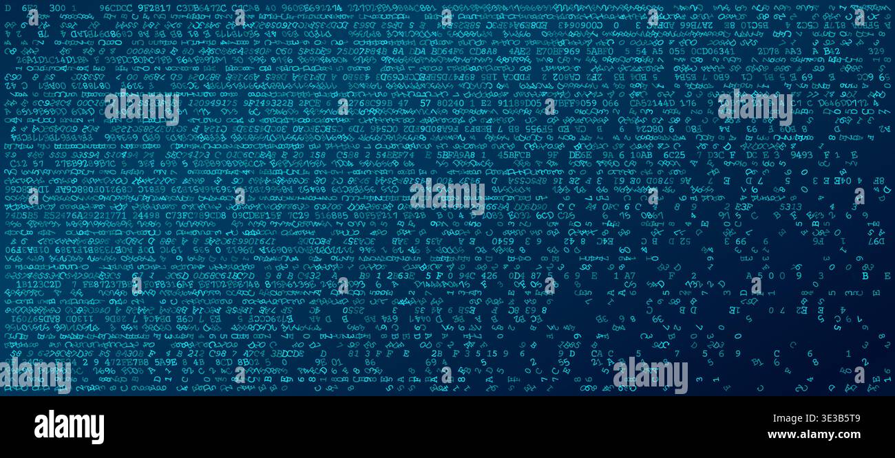 A high-density digital texture featuring concentrated layers of binary code that fade into a sparse distribution. This technical visual represents the Stock Vector