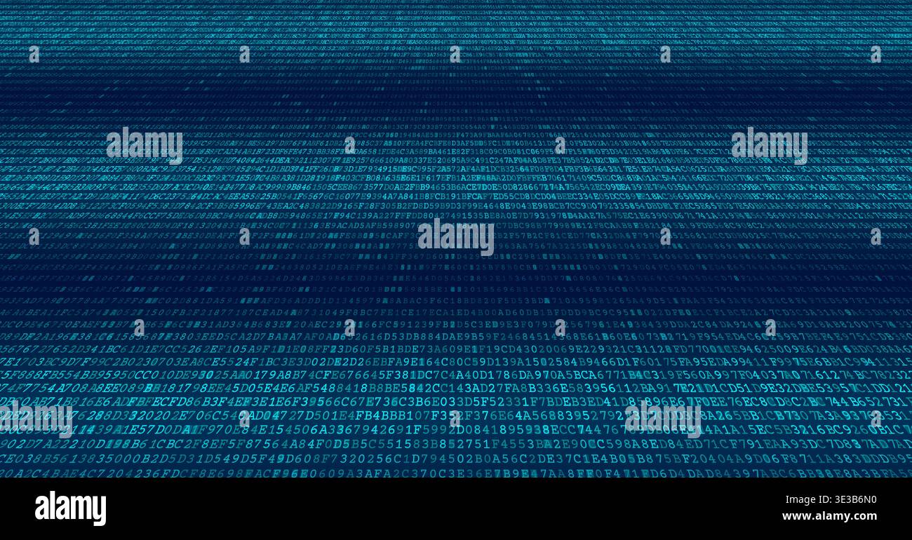 A sophisticated digital visualization featuring two distinct horizontal bands of dense binary code separated by a central void. This composition illus Stock Vector