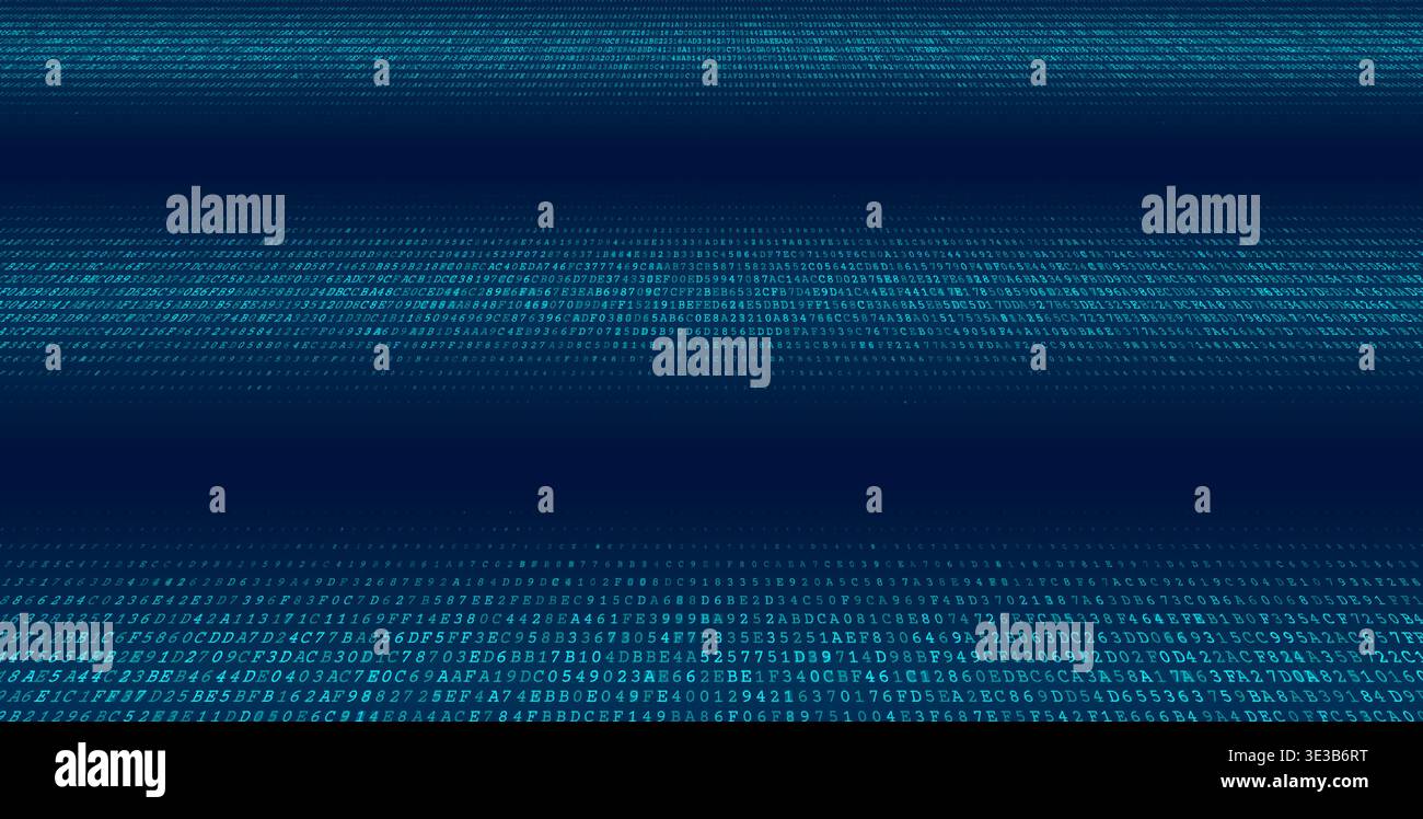A sophisticated digital visualization featuring two distinct horizontal bands of dense binary code separated by a central void. This composition illus Stock Vector