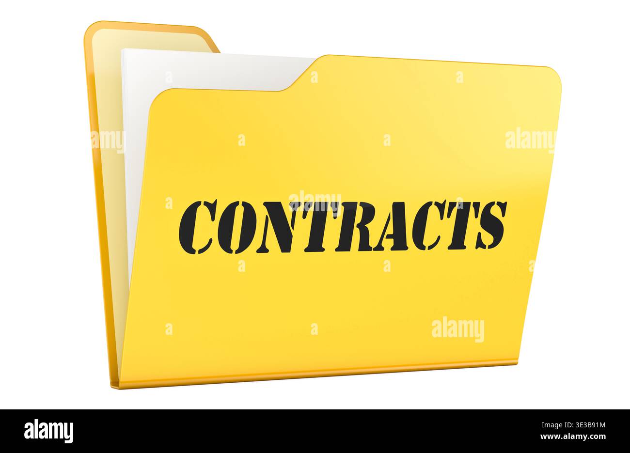 Contracts, yellow folder. 3D rendering isolated on white background Stock Photo