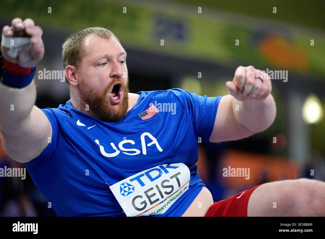 Jordan Geist, of the United States, makes an attempt in the men's shot ...