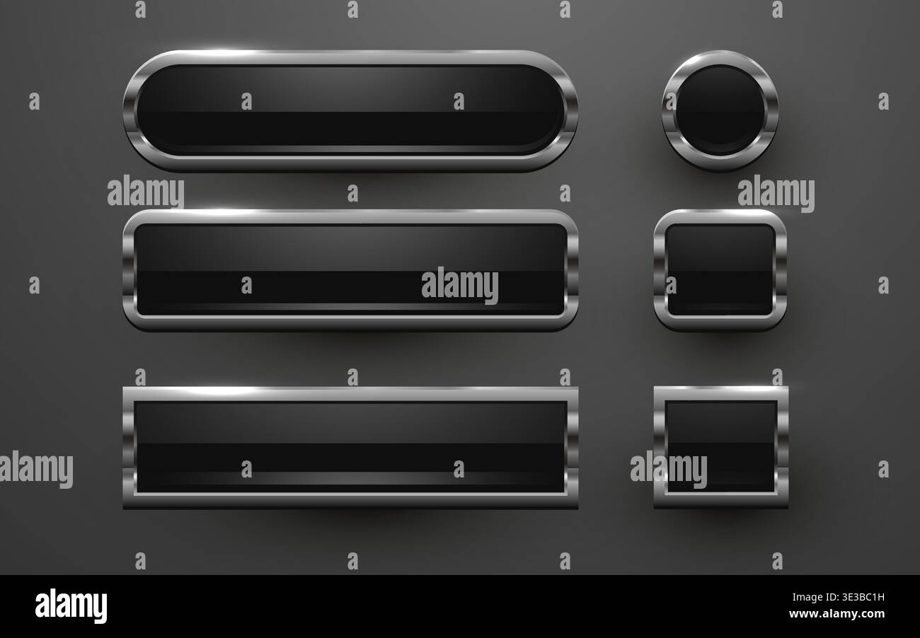 Sleek, modern black glossy buttons with shining silver metallic frames for user interface design. Vector illustration. Stock Vector