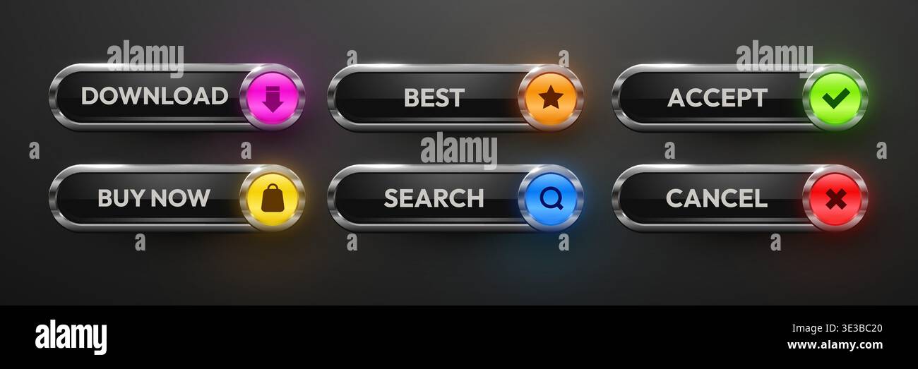 Modern UI Buttons with Glowing Icons. Set of user interface elements for web design. Includes various actions. Vector illustration. Stock Vector