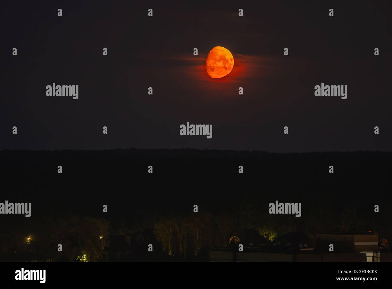 Giant orange moon illuminates the dark night sky, rising above the silhouetted tree line and rooftops, creating a mystical and atmospheric celestial scene Stock Photo